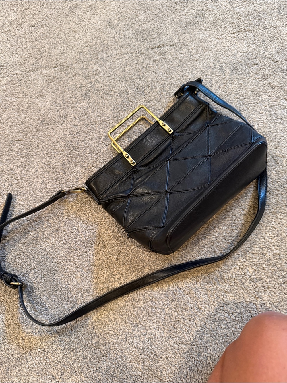 Black Quilted Leather Crossbody Bag with Gold Handle